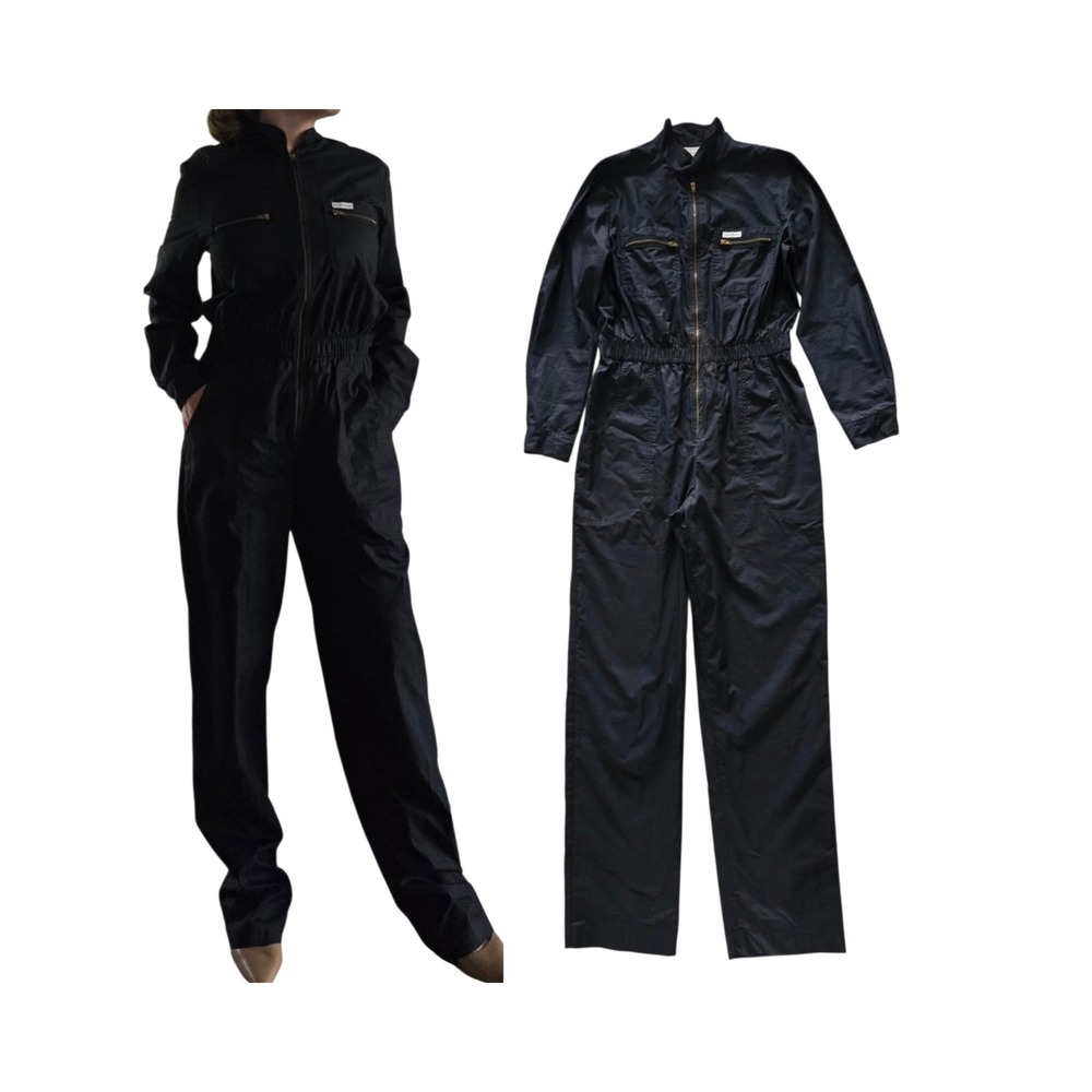 VTG 70s Saint Germain Paris Black Utility Jumpsuit Women L Zip Front Boiler Suit